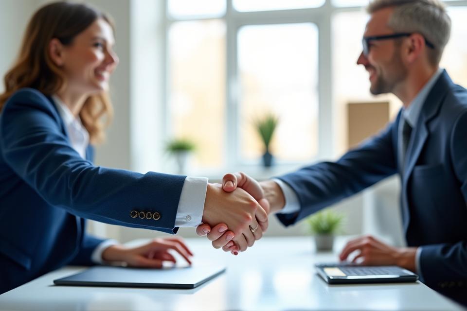 Two professionals shaking hands across a desk, symbolizing a strong client partnership and collaborative approach to HR solutions.
