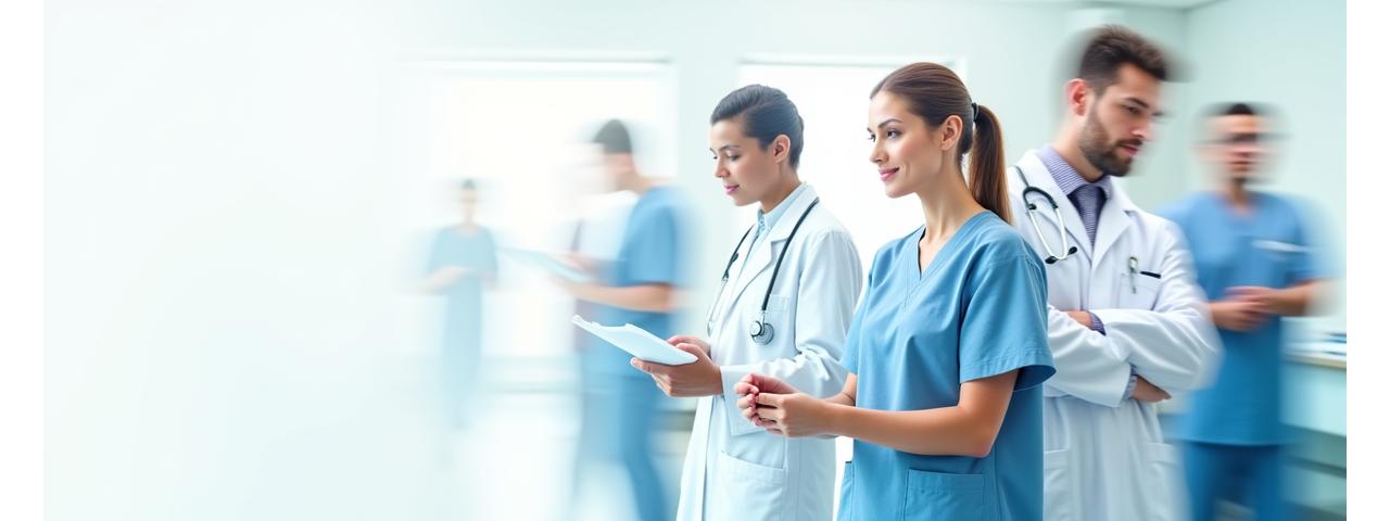 A dynamic collage of medical professionals in various roles (doctor, nurse, technician), symbolizing flexible and diverse staffing solutions.