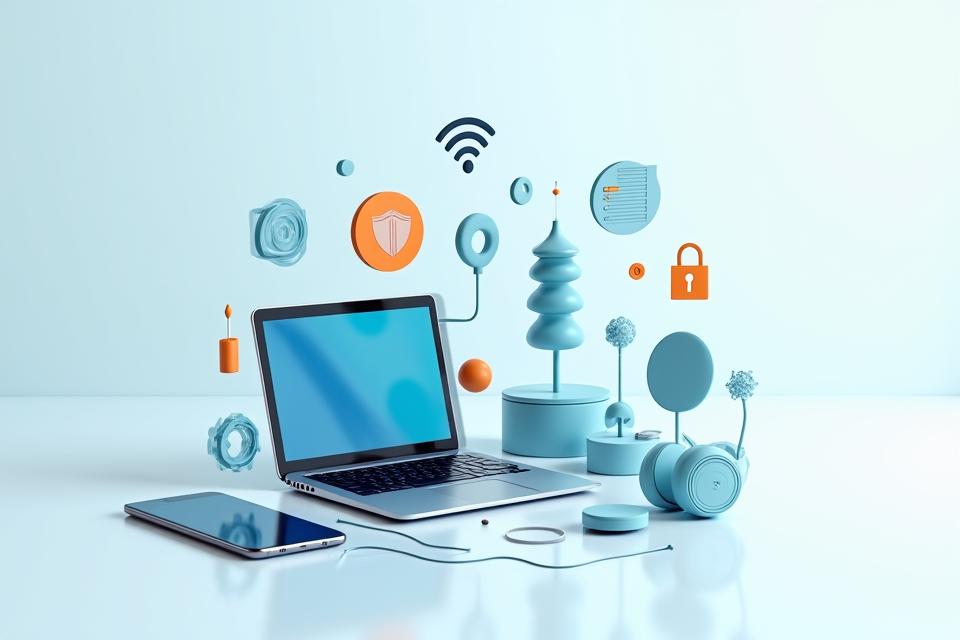 Illustration of various digital collaboration tools and devices, symbolizing technology infrastructure for remote work.
