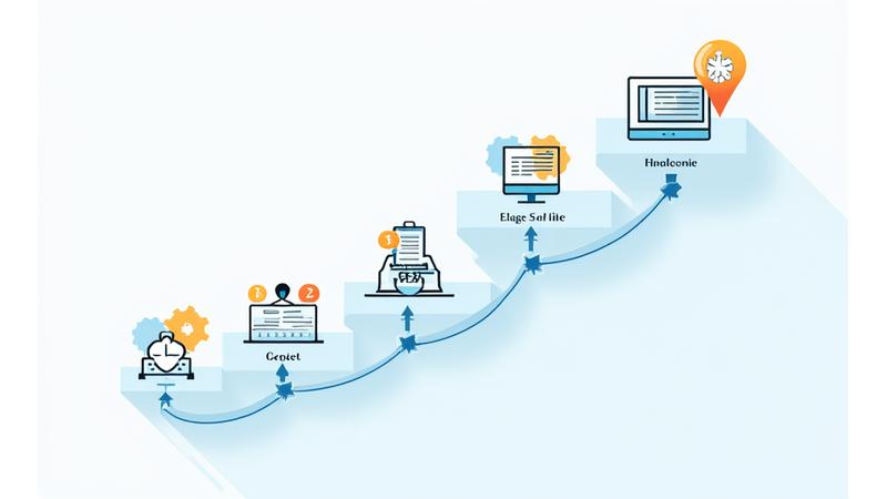 Illustration of a multi-stage technical assessment process with icons representing coding, interviews, and portfolio review.