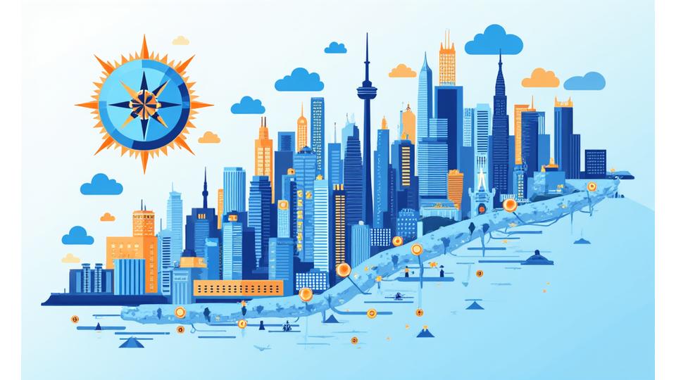 Illustrated map of Toronto with interconnected nodes representing tech companies, universities, and meetups, highlighting a vibrant tech ecosystem.